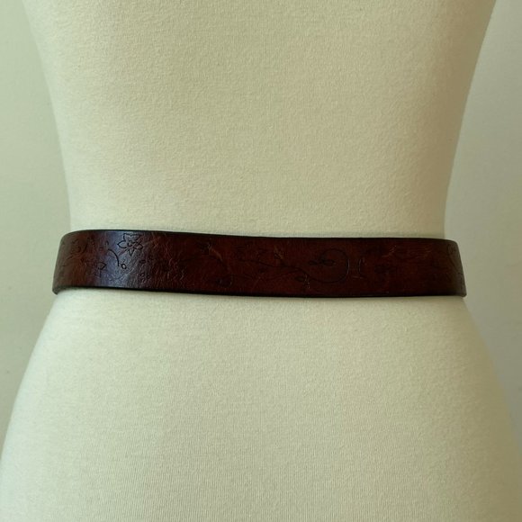 Floral Embossed Leather Belt with Solid Brass Buckle Vintage Brown Leather Belt - Picture 5 of 8